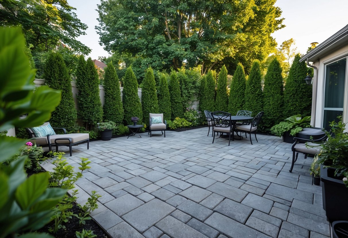 A backyard patio with neatly arranged concrete pavers, surrounded by lush greenery and a few pieces of outdoor furniture