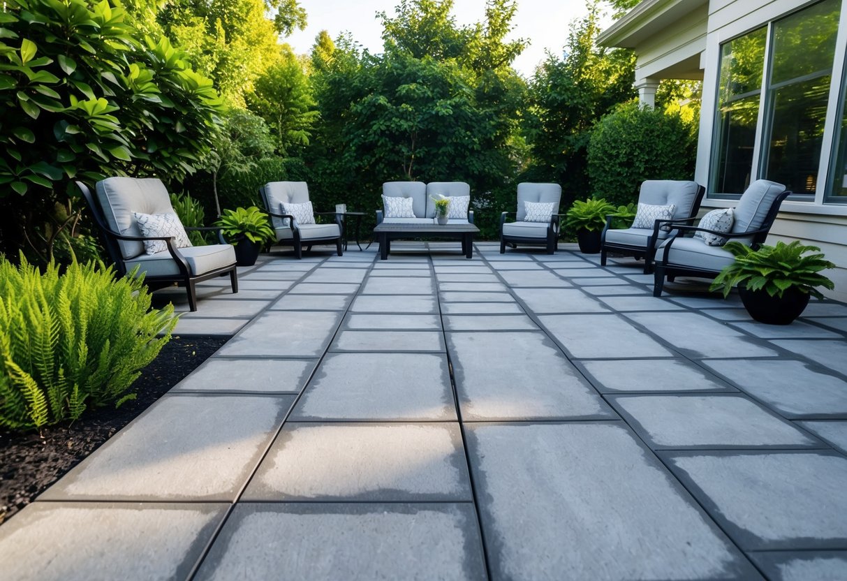 A patio with concrete pavers, surrounded by lush greenery and outdoor furniture, showcasing the durability and cost-effectiveness of the flooring solution