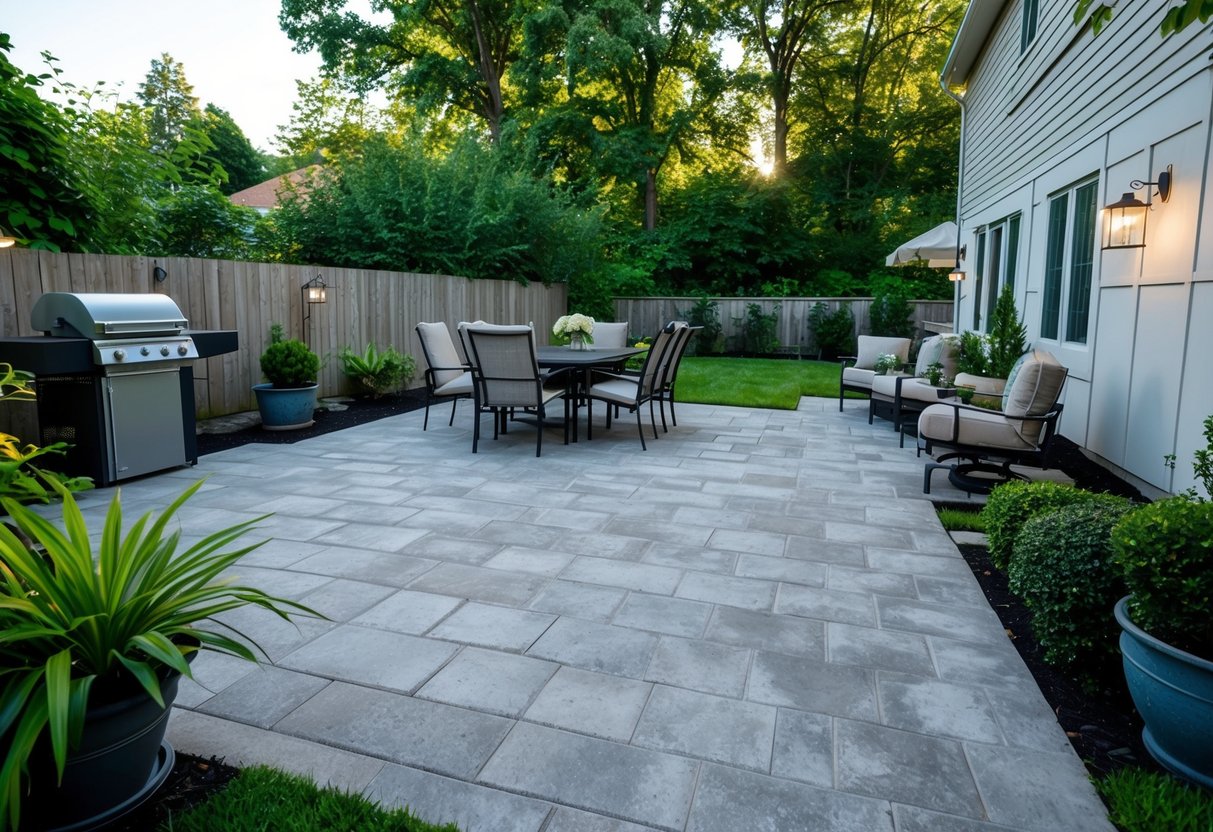 A backyard patio with concrete pavers, surrounded by lush greenery and outdoor furniture, showcasing the cost-effective and durable outdoor flooring solution