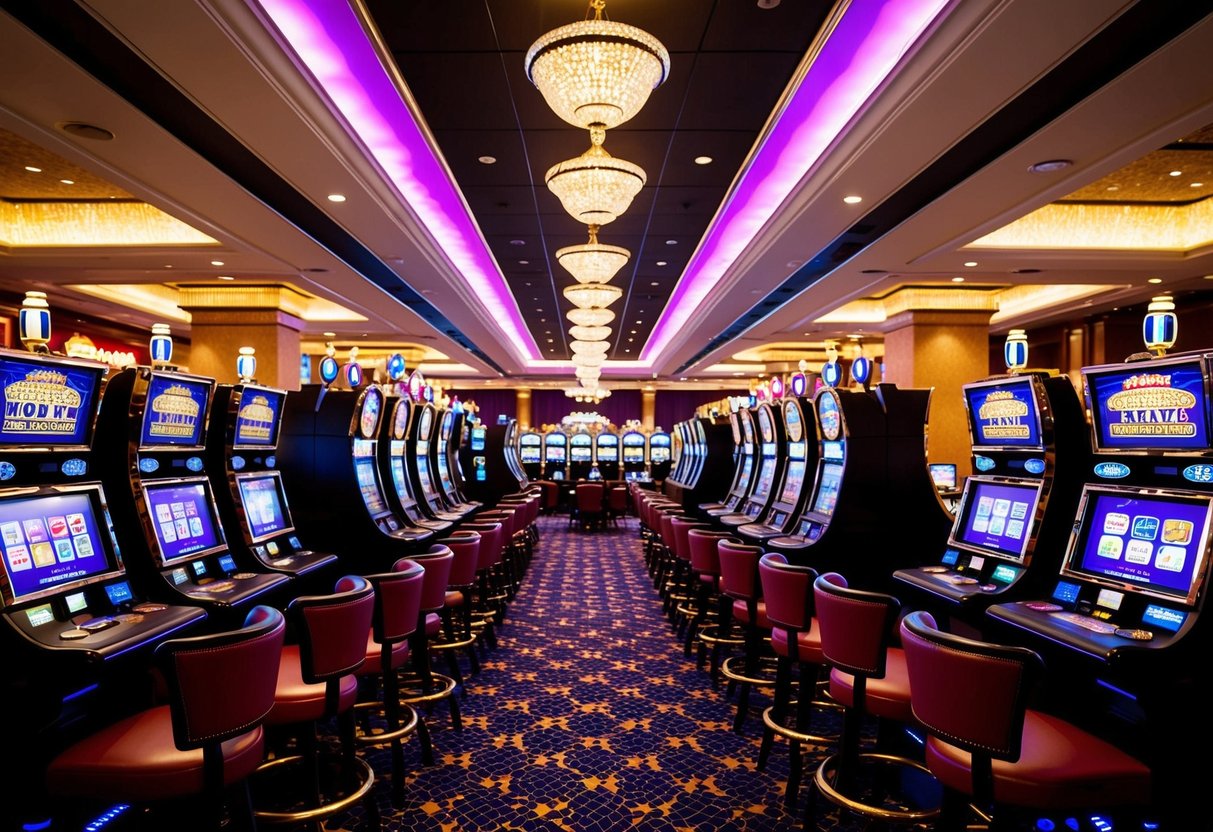 A bustling casino floor with rows of slot machines and card tables, colorful lights and a lively atmosphere