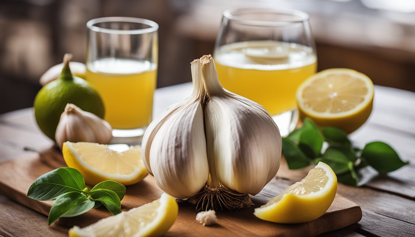 Garlic, ginger, and lemon on a wooden table, with a drink in the background