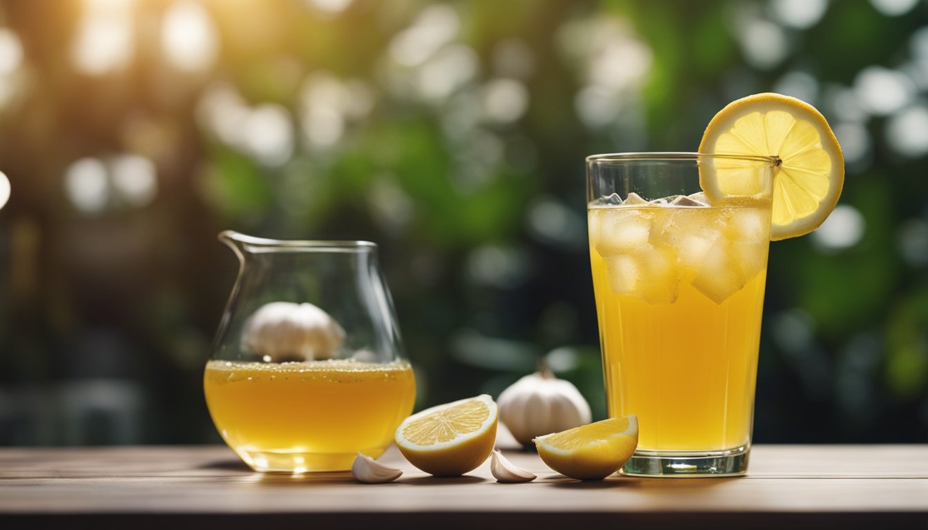 A glass of garlic, ginger, and lemon drink with honey and turmeric