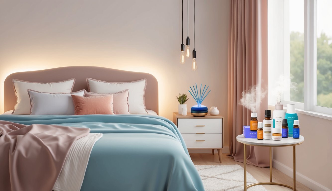 A serene, clutter-free bedroom with soft lighting and comforting decor.</p><p>A cozy bed with supportive pillows and a warm blanket.</p><p>A soothing essential oil diffuser and a selection of postpartum recovery aids neatly organized on a nearby table