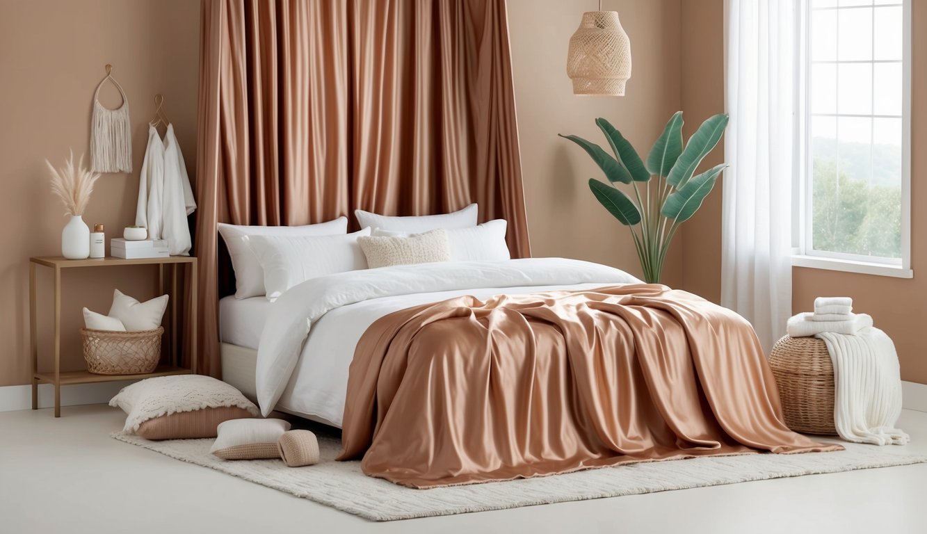 A cozy, serene bedroom with a soft, draped fabric cover in a warm copper pearl hue, surrounded by soothing postpartum recovery items