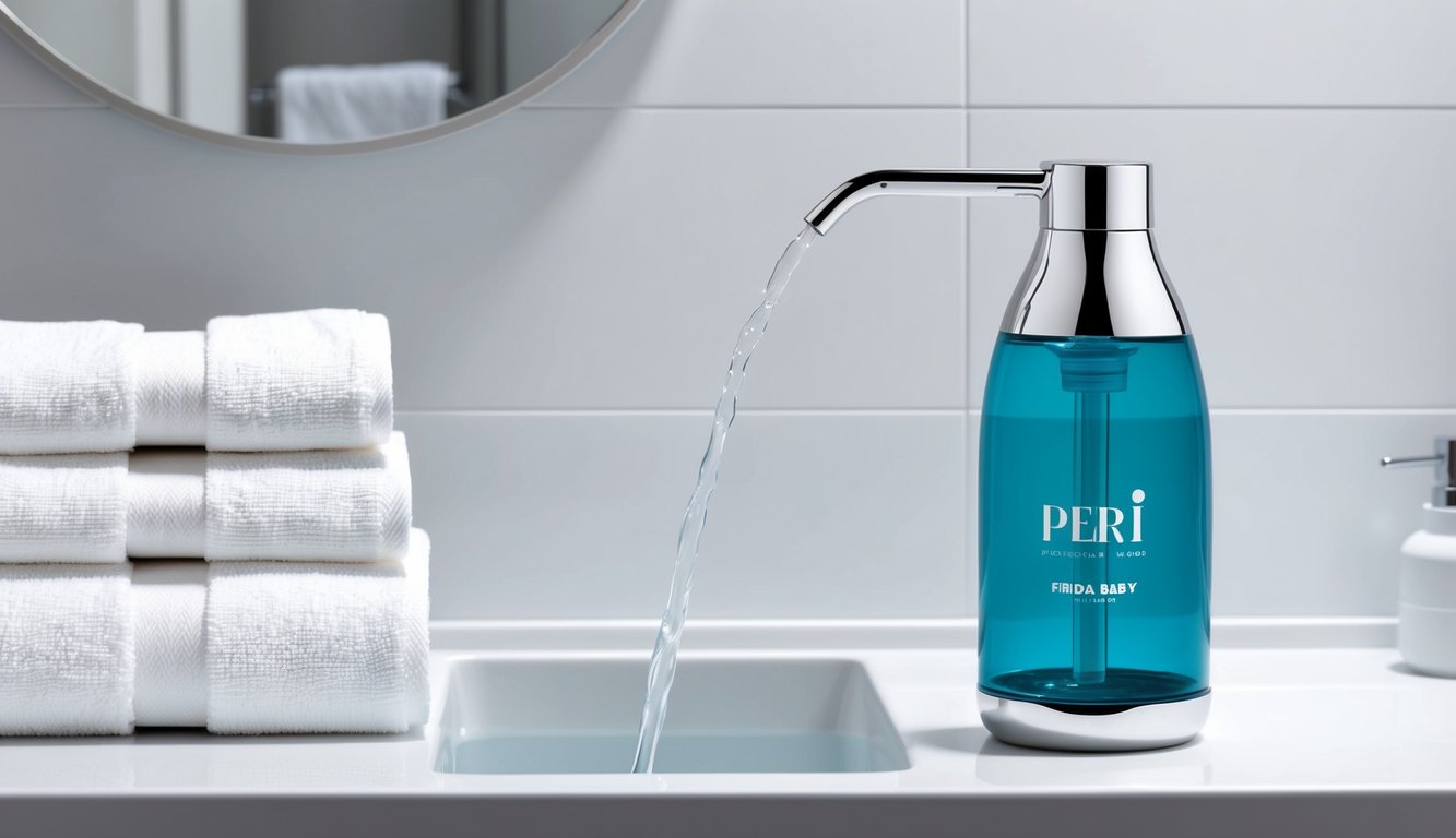 A Peri Bottle by Frida Baby sits on a clean, white bathroom counter next to a stack of soft, white towels.</p><p>A gentle stream of water pours from the bottle's spout