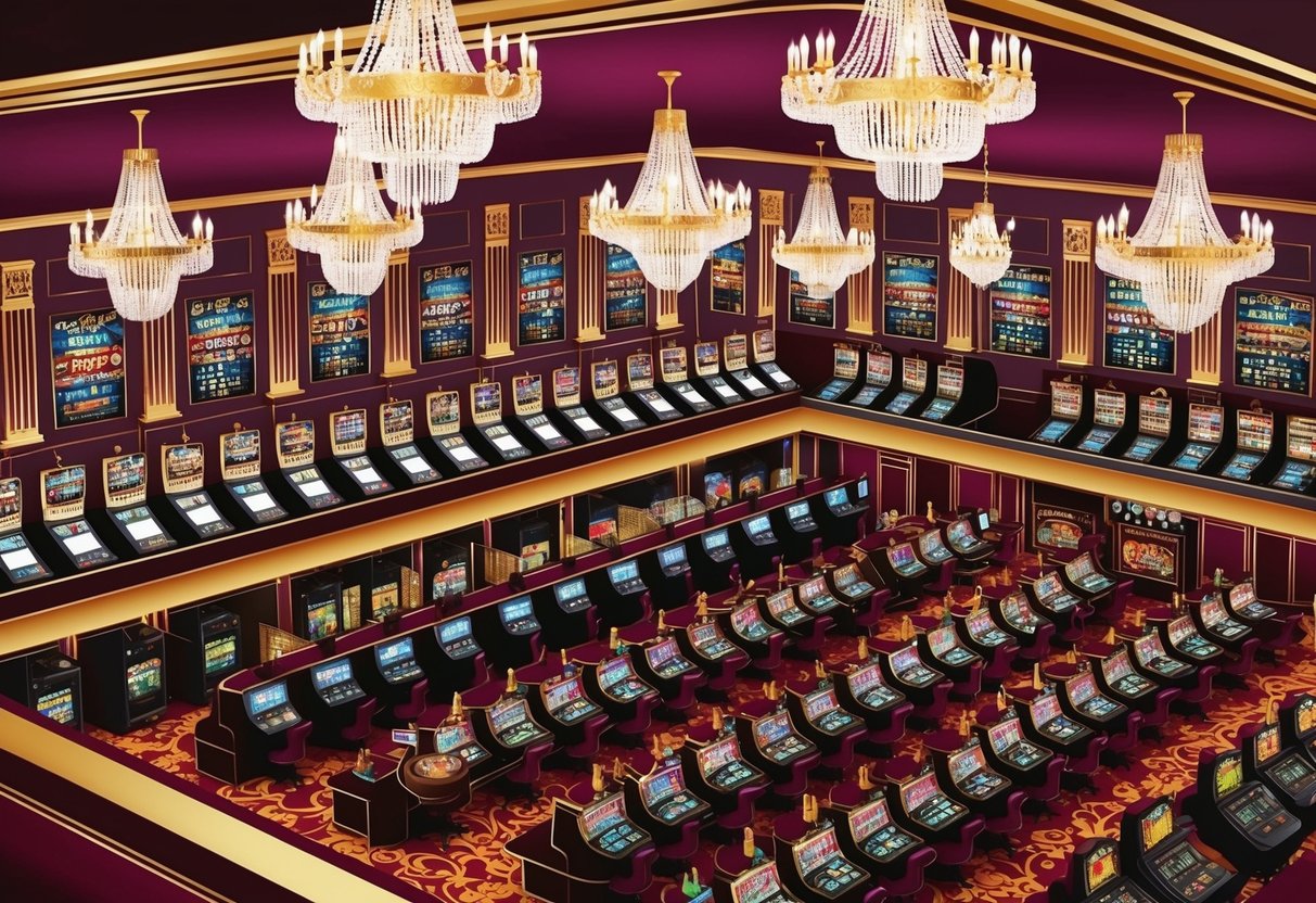 A luxurious casino interior with elegant decor, chandeliers, and rows of slot machines and gaming tables