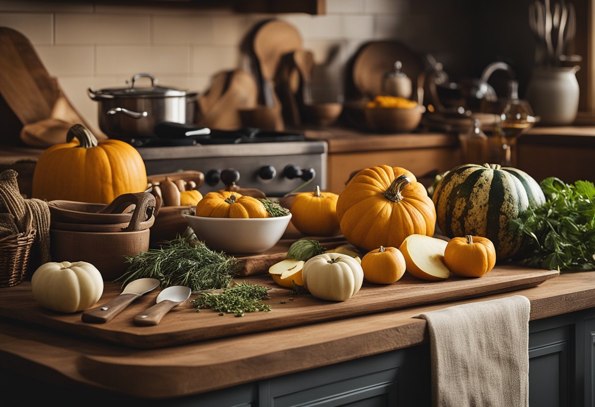 Rustinė virtuvės darbo vieta su įvairiais rudens ingredientais, tokiais kaip moliūgai, obuoliai ir žolelės, apsupta virtuvės reikmenų ir šiltos, kviečiančios atmosferos.