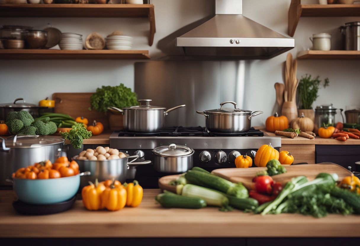 Jauki virtuvė su mediniu stalu, užpildytu spalvingais rudens daržovėmis, puodais ir keptuvėmis. Šilta, kviečianti atmosfera su širdingų patiekalų aromatu, verdančių ant viryklės.