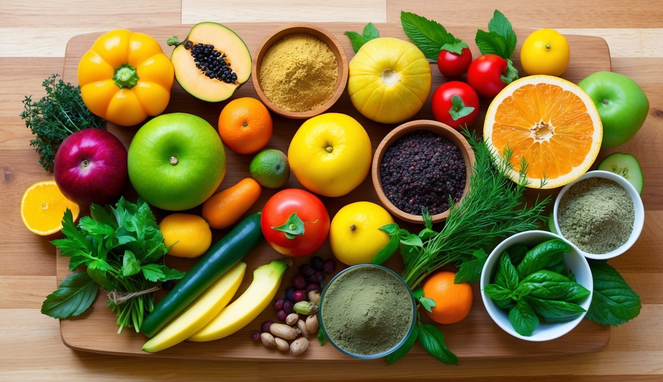 A colorful array of fruits, vegetables, and herbs, including maca root powder, arranged on a wooden cutting board