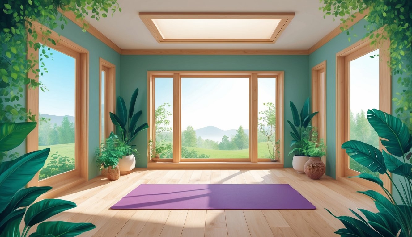 A serene yoga studio with natural light, surrounded by greenery and peaceful ambiance