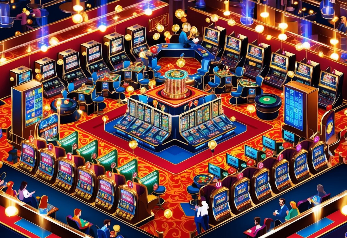 A bustling casino floor with colorful slot machines and gaming tables, surrounded by flashing lights and lively chatter