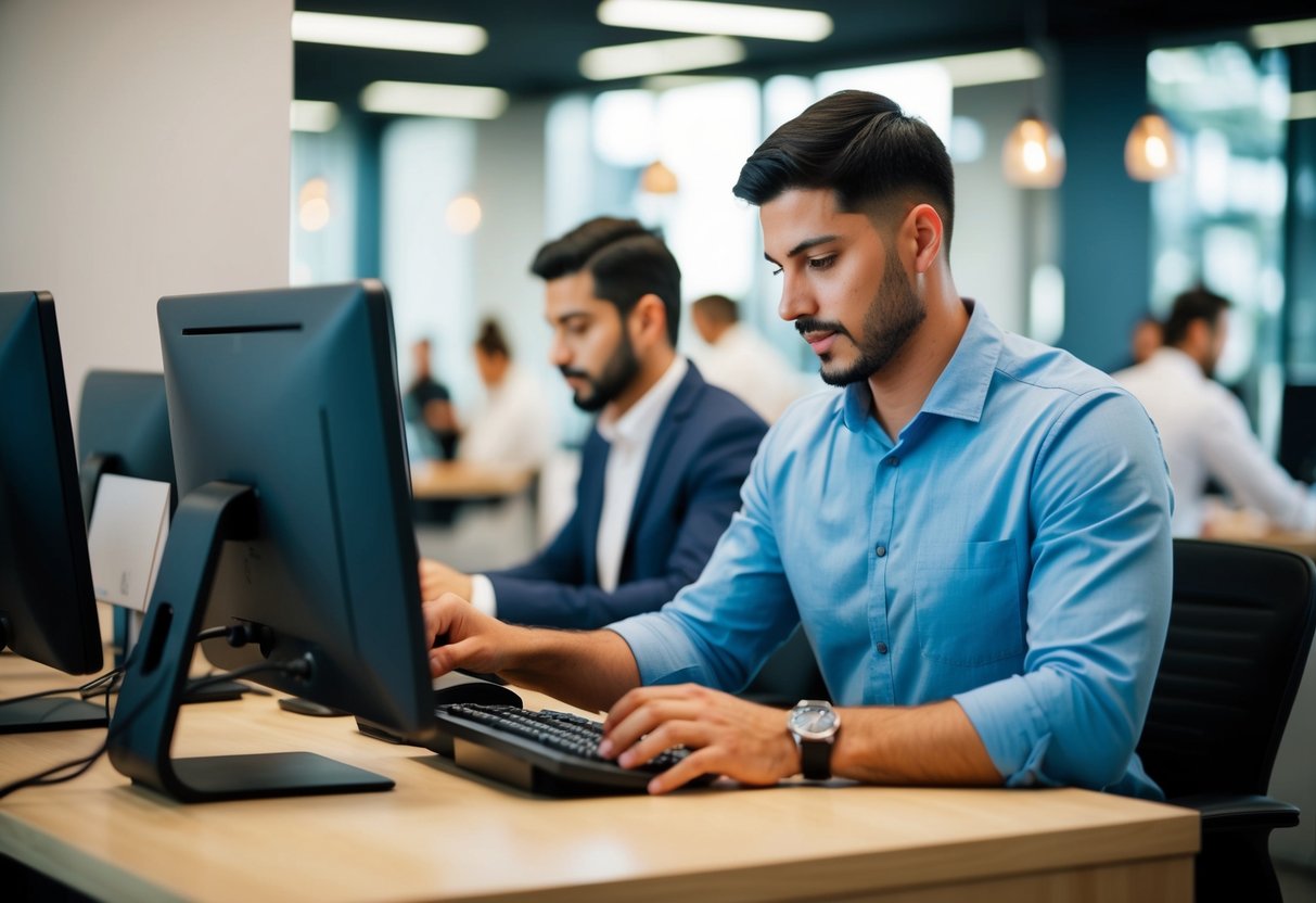 Eine Person gibt eine Kundennummer an einem Computer am Registrierungstresen des Personalshops ein.