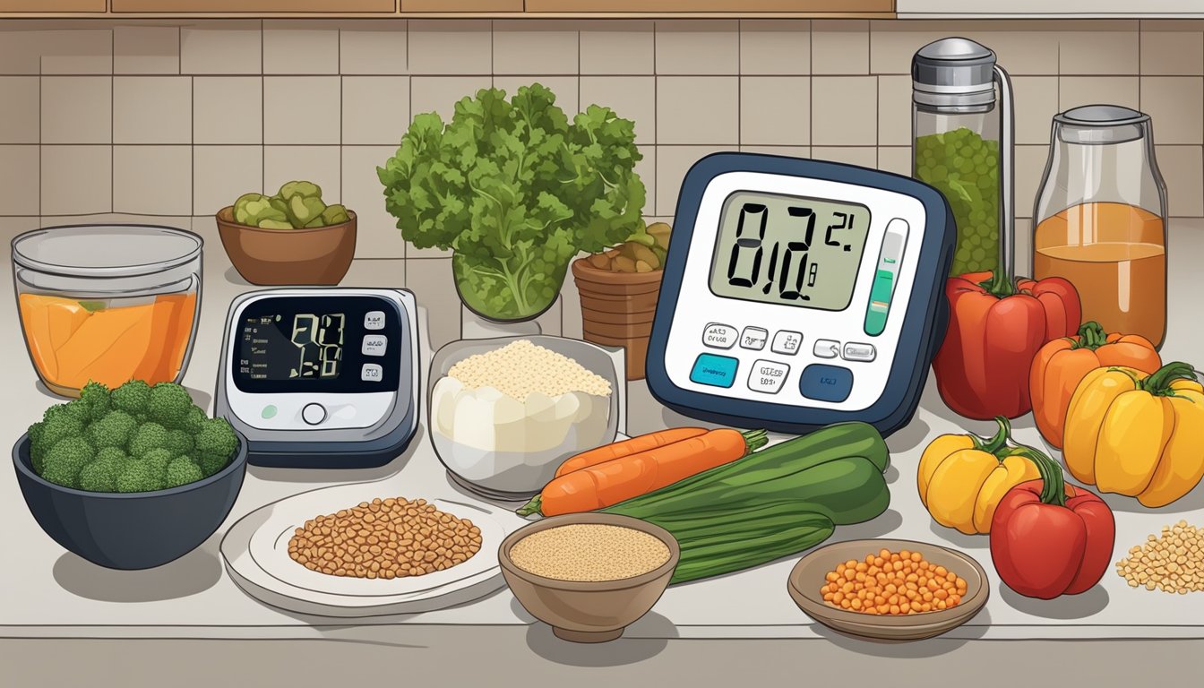 A kitchen counter with fresh vegetables, lean proteins, and whole grains laid out for meal planning. A blood pressure monitor sits nearby