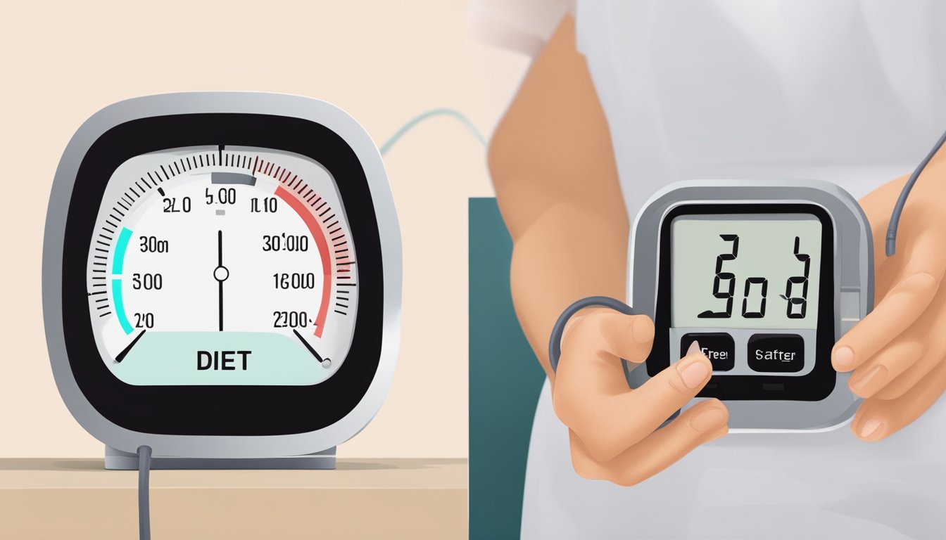 A person measuring blood pressure before and after following the South Beach diet, with a scale showing lower readings after diet implementation