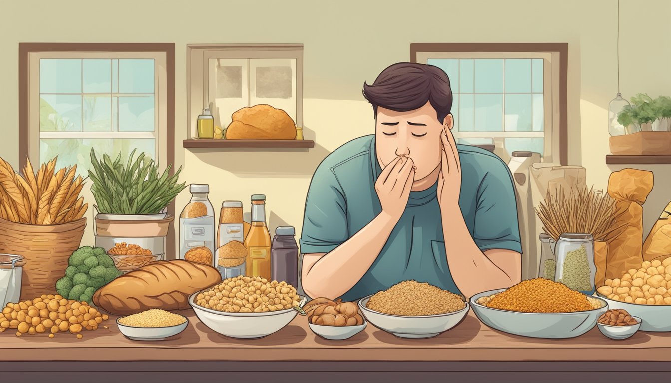 A person feeling unwell after eating gluten, with a puzzled expression and discomfort, surrounded by gluten-containing foods