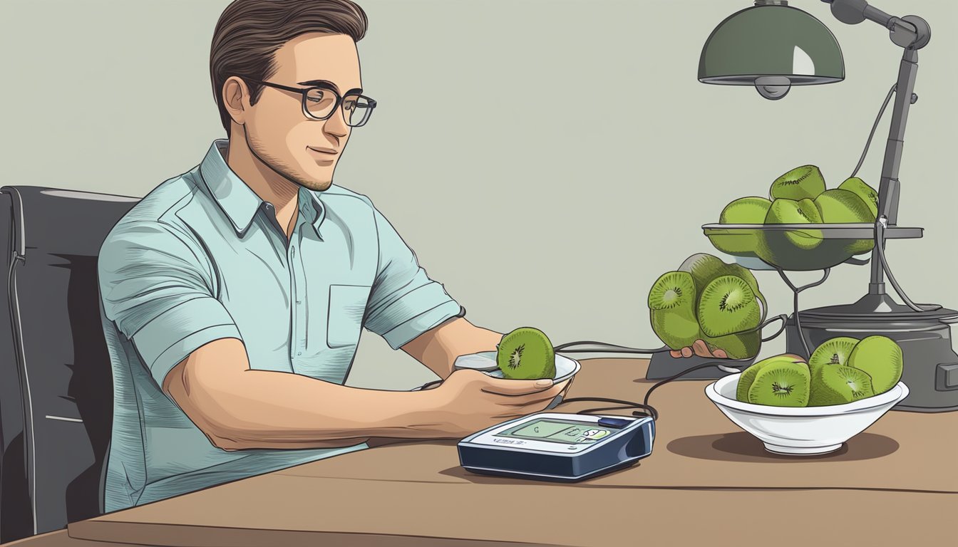 A person sitting at a table with a bowl of kiwis and a blood pressure monitor next to them