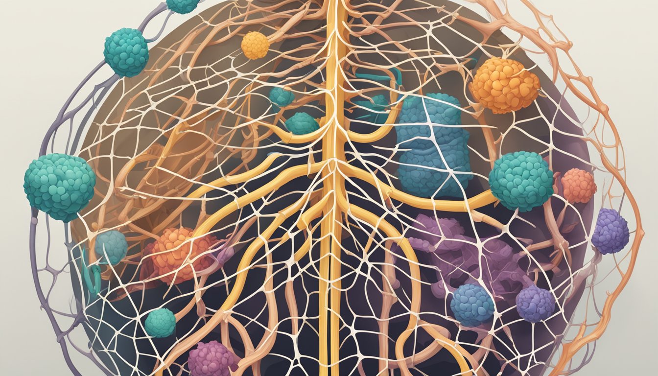 A tangled web of interconnected organs, including the stomach, intestines, and immune system, symbolizing the complex associations between gastrointestinal and autoimmune conditions