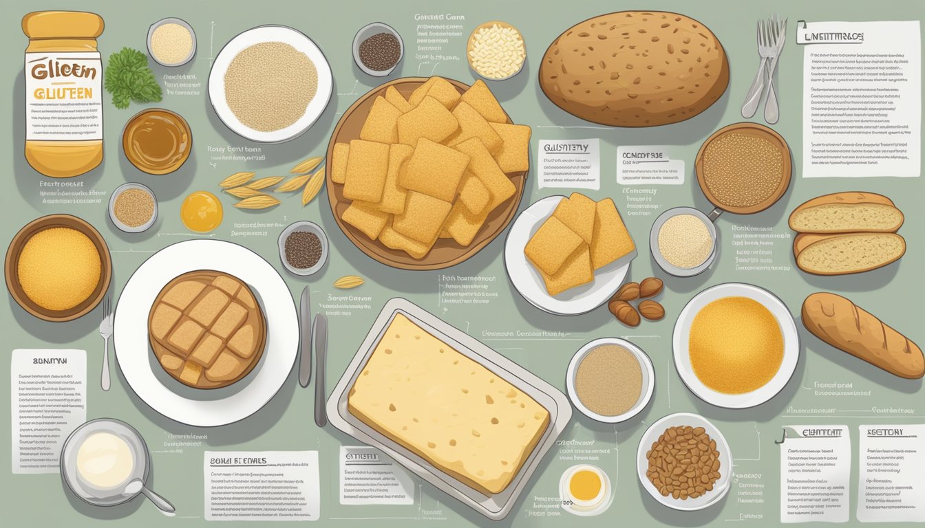 A table filled with gluten-containing foods, next to a list of common triggers and contributors to gluten sensitivity