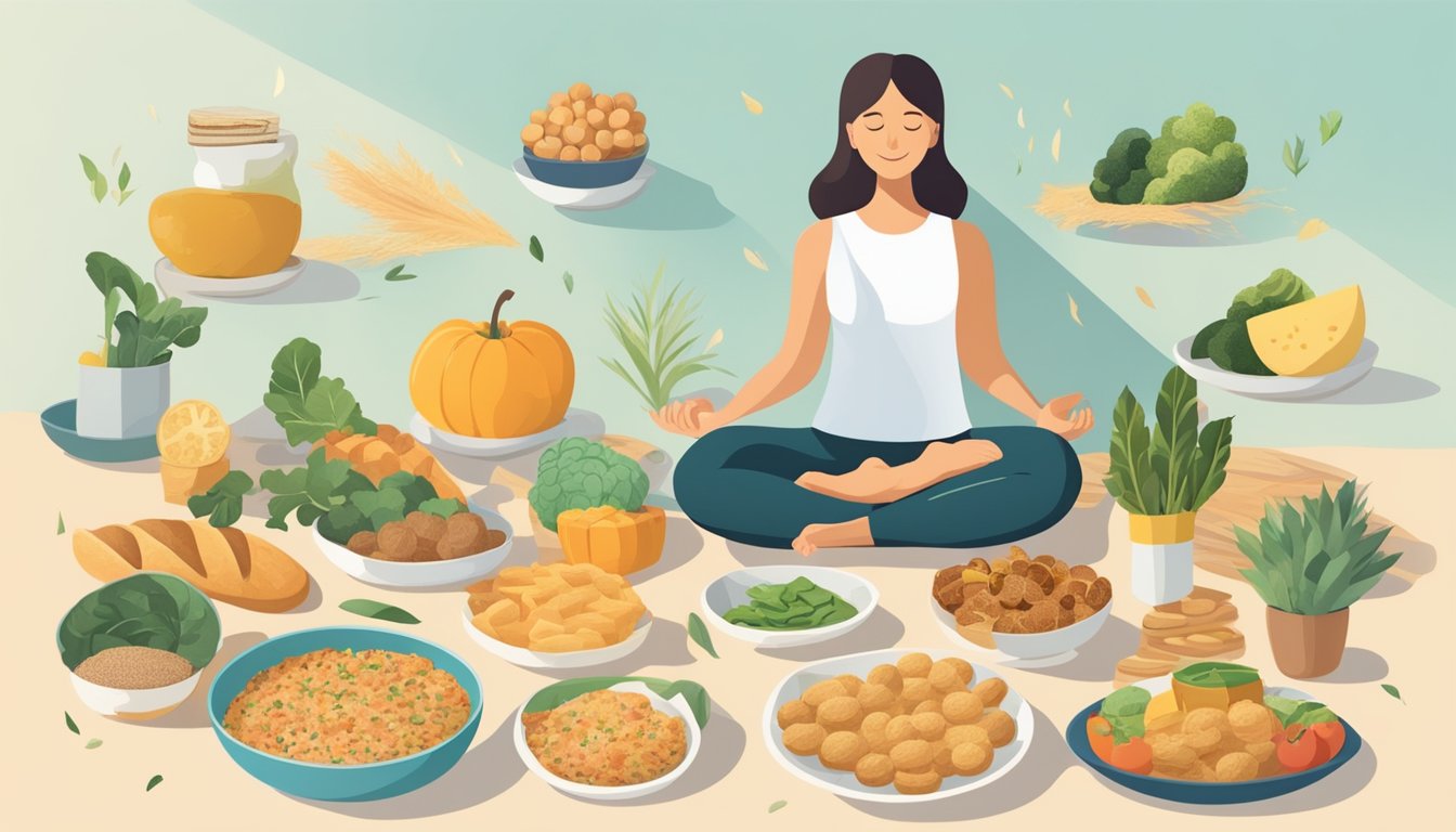 A person enjoying a variety of gluten-free foods while engaging in activities that promote mental well-being, such as yoga or meditation