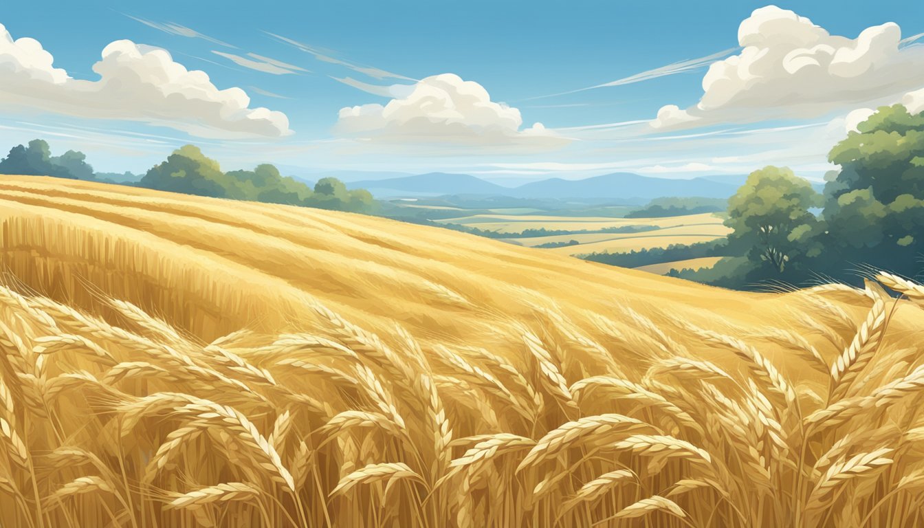 A serene wheat field under a clear blue sky, with golden stalks swaying gently in the breeze