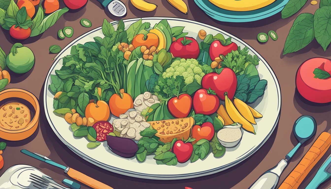 A colorful plate of plant-based foods surrounded by heart-healthy symbols and a blood pressure monitor showing lower readings