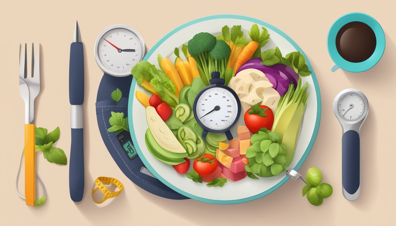 A plate filled with colorful, plant-based foods, surrounded by a measuring tape and a blood pressure monitor