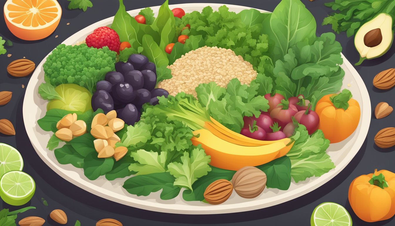 A colorful plate filled with leafy greens, vibrant vegetables, and wholesome grains, surrounded by fresh fruits and nuts