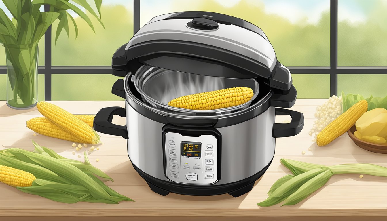 A fresh ear of corn on the cob being steamed inside a Ninja Foodi pressure cooker