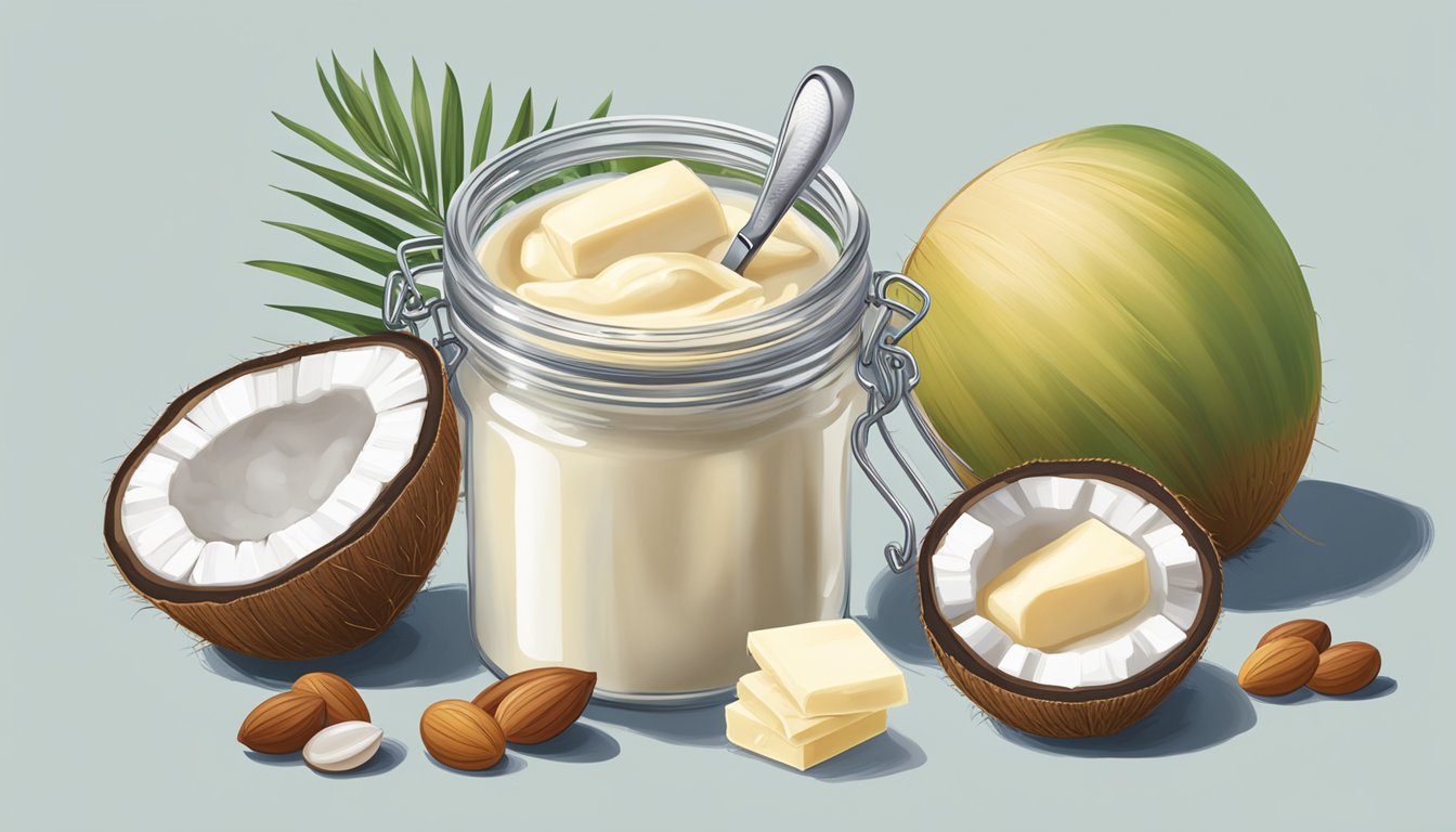 A jar of coconut butter next to a stick of dairy butter, surrounded by various nuts, coconuts, and a measuring spoon