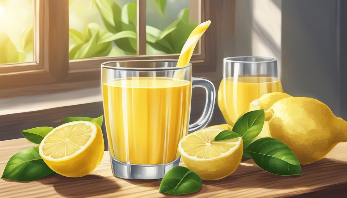 A glass of ginger shots surrounded by fresh ginger root, lemons, and a juicer on a wooden table. Sunlight streaming in through a nearby window