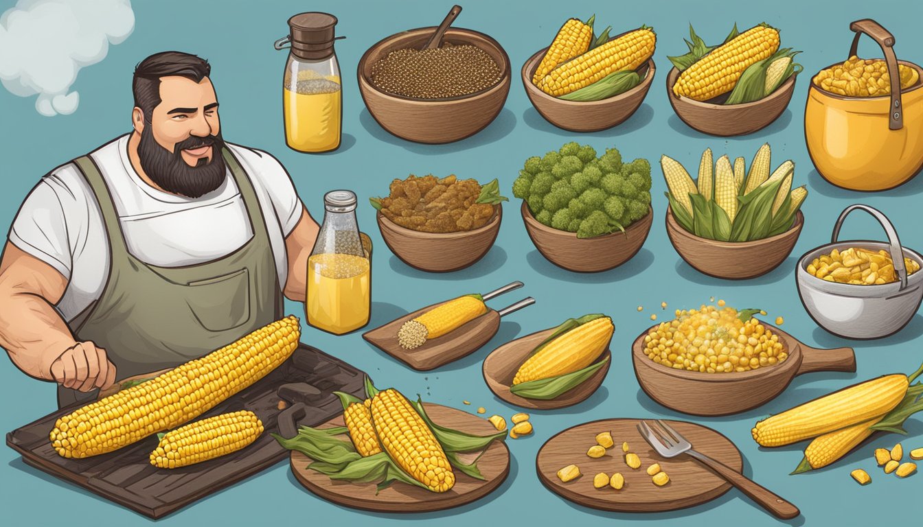 A pit boss grilling corn on the cob, surrounded by various flavor profiles and seasoning ideas