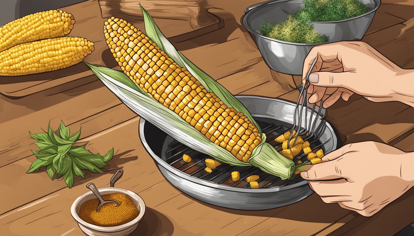 Corn on the cob is wrapped in foil and placed on the grill. A hand is seen seasoning and flavoring the corn with various spices and herbs