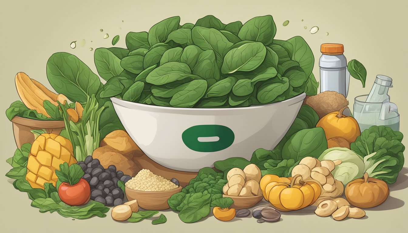 A pile of fresh spinach leaves surrounded by a variety of foods, with a question mark hovering above the spinach