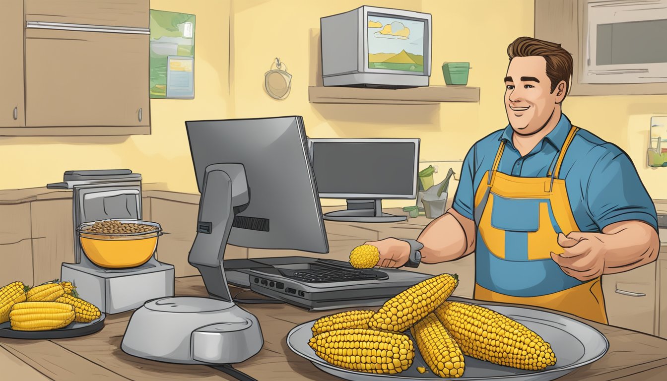 A pit boss grilling corn on the cob while a computer displays website cookies and privacy policy