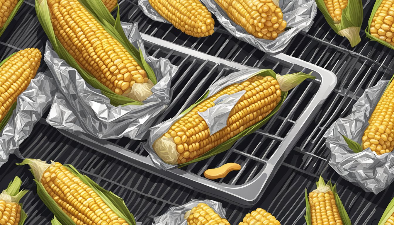 Corn on the cob wrapped in foil grilling on a barbecue