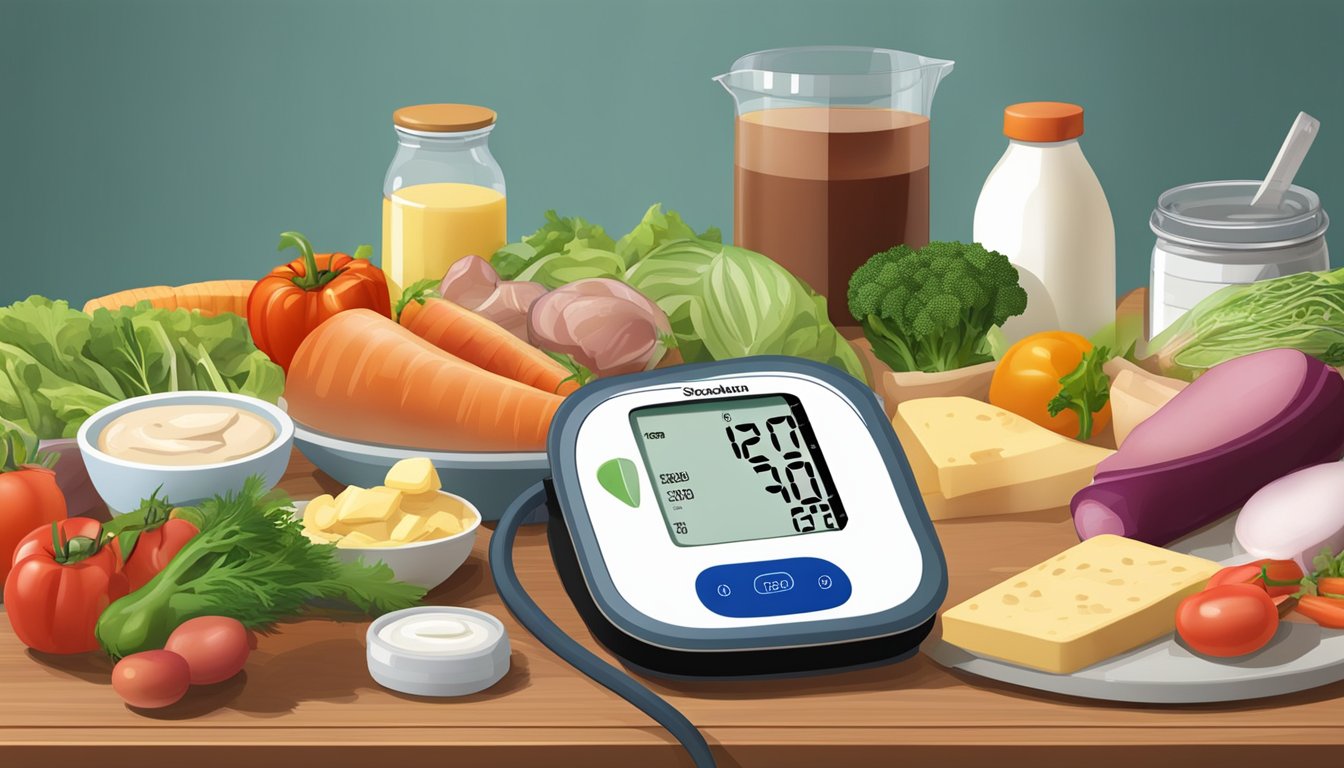 A table with a variety of food items including vegetables, meats, and dairy products. A blood pressure monitor is also present on the table