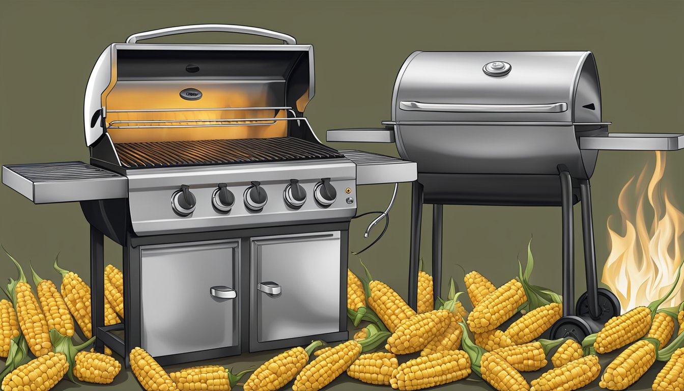 A gas grill with corn on the cob cooking over the flames