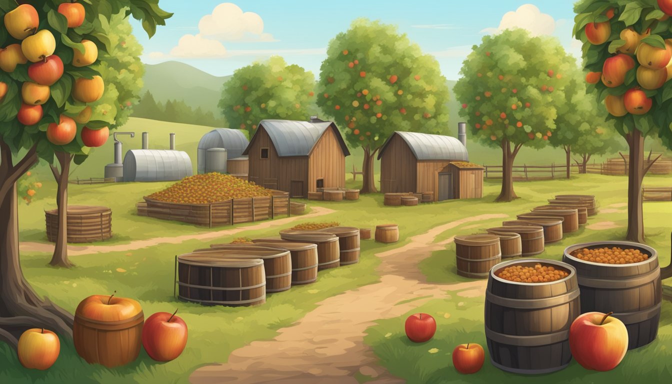 A rustic apple orchard with barrels of fermenting apples, a distillation process, and pill production line