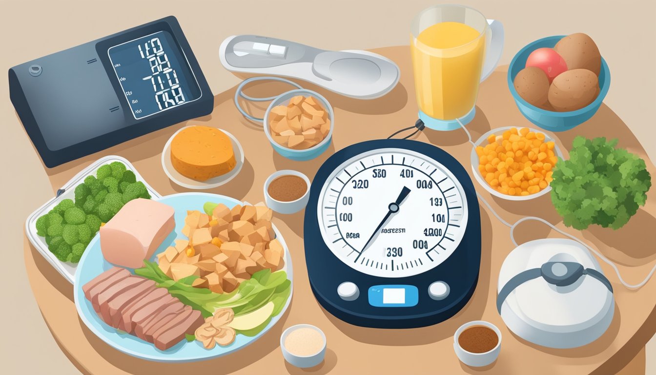 A plate with high-protein, low-carb foods beside a blood pressure monitor showing elevated readings