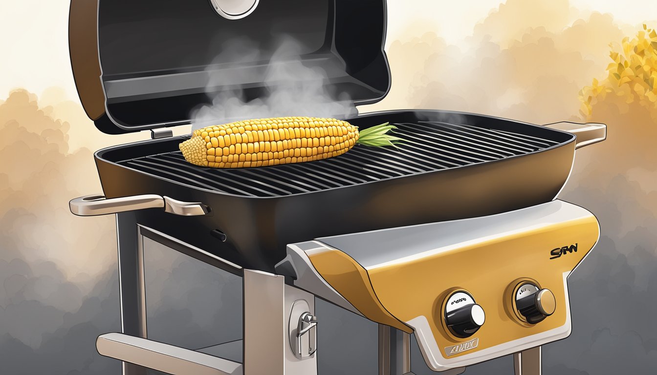 Corn on the cob grilling on a pellet grill set at 225 degrees, with smoke rising and the grill's lid closed