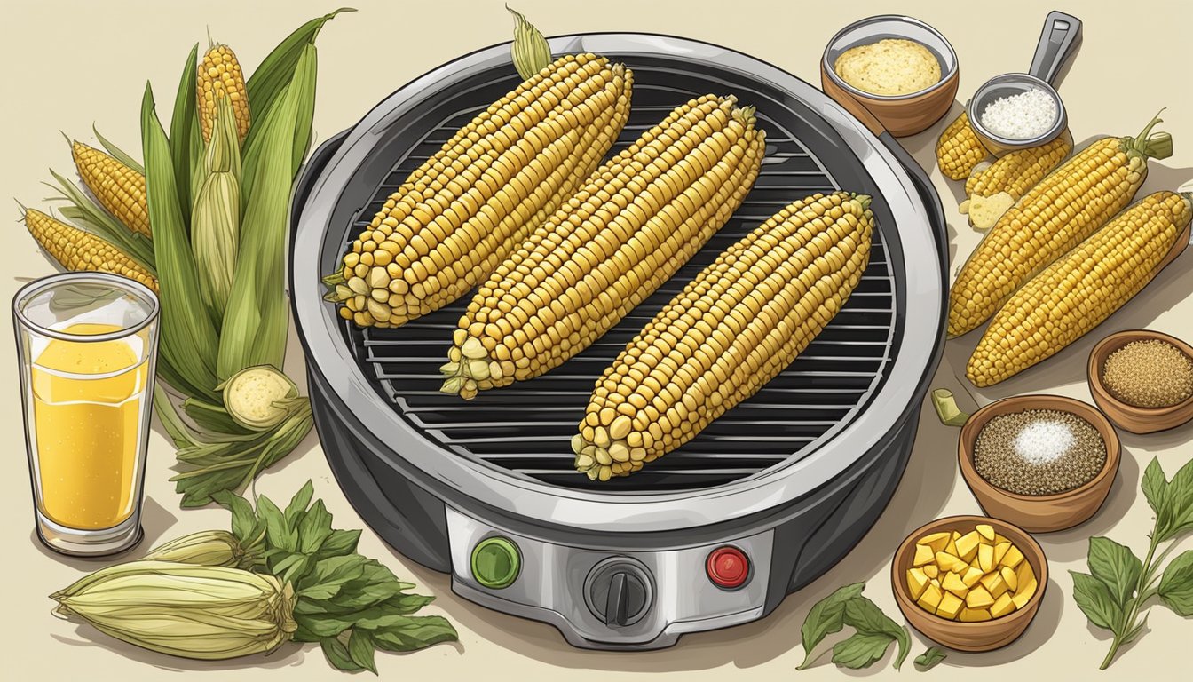 Fresh corn on the cob grilling on a gas grill, surrounded by a variety of flavor enhancements and toppings such as butter, herbs, and seasonings