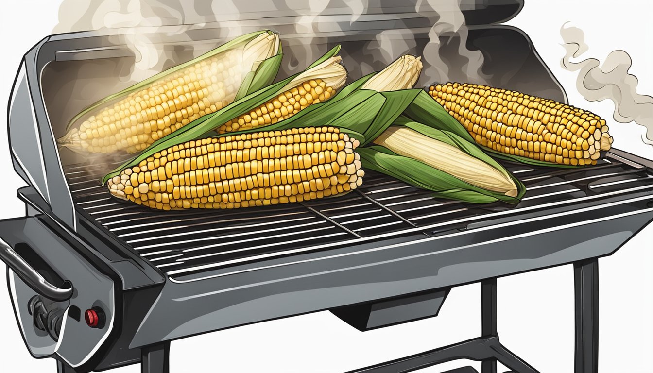 Corn on the cob grilling on a gas grill, with grill marks and smoke rising