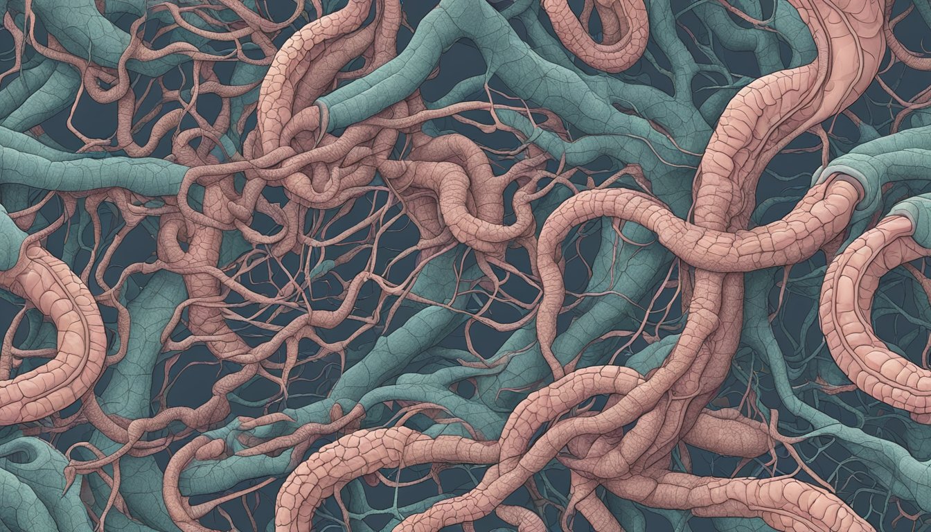 A tangled web of interconnected intestines, with tiny cracks and leaks spilling out into the surrounding environment