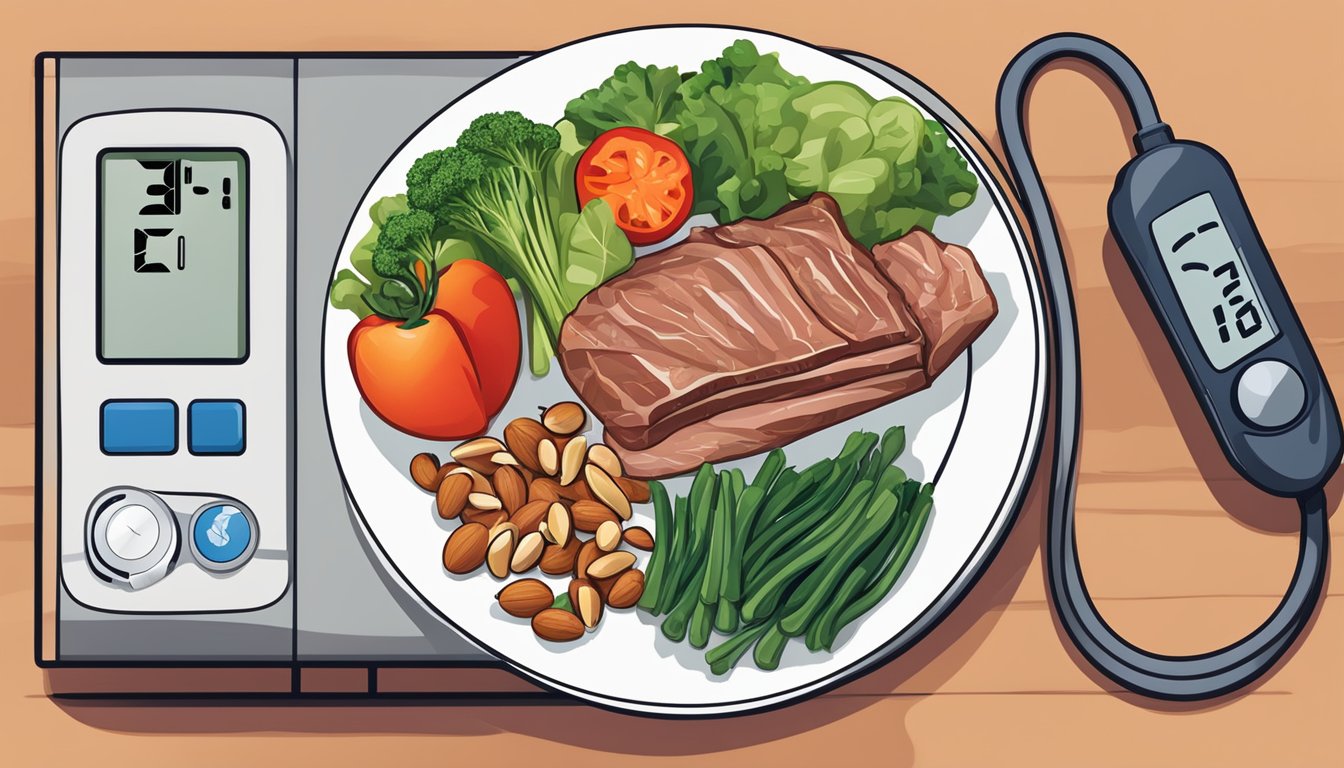 A plate with lean meats, vegetables, and nuts next to a blood pressure monitor