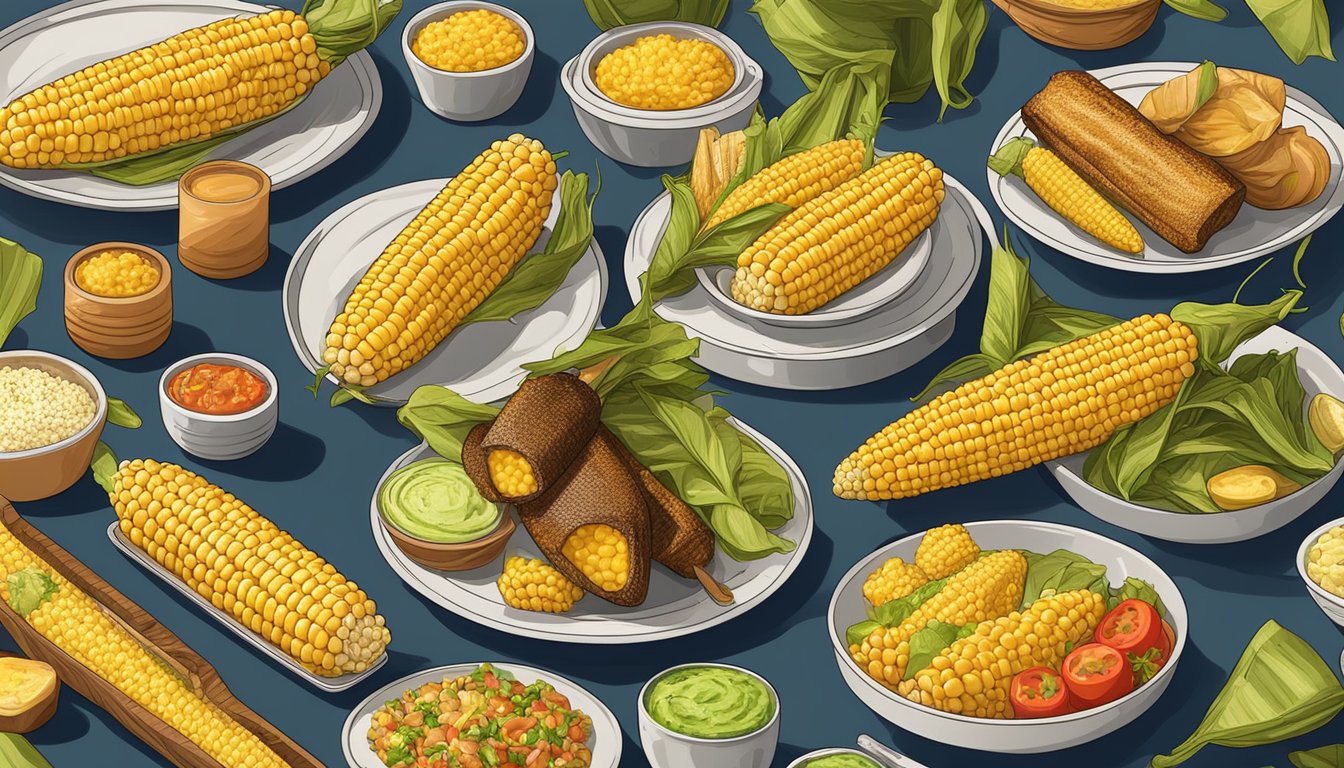 Corn on the cob and other smoked dishes sizzling on a pellet grill at 225 degrees, surrounded by various side dishes