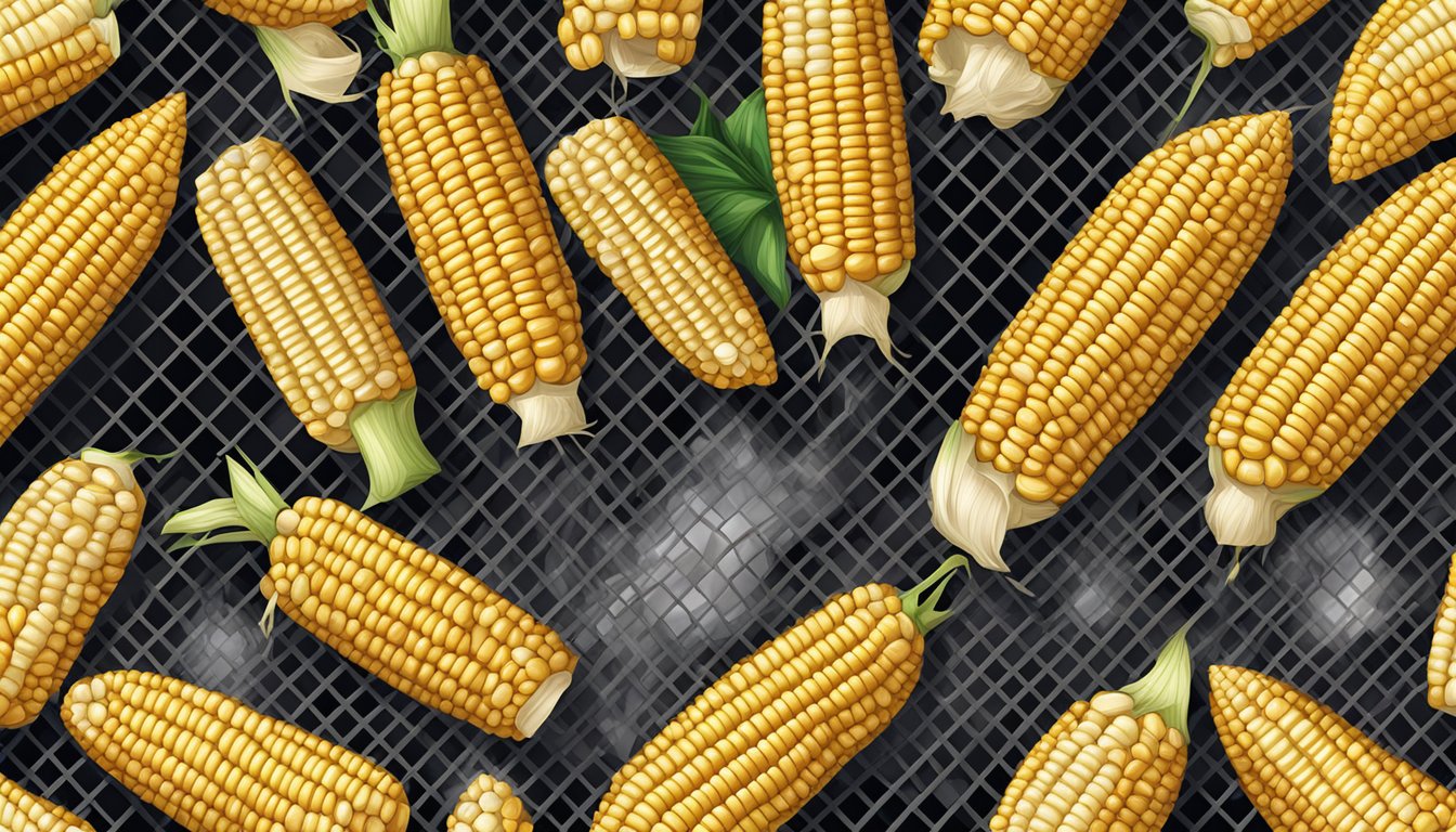 Fresh ears of corn arranged on a clean grill grate, with the pellet grill set to 350 degrees Fahrenheit