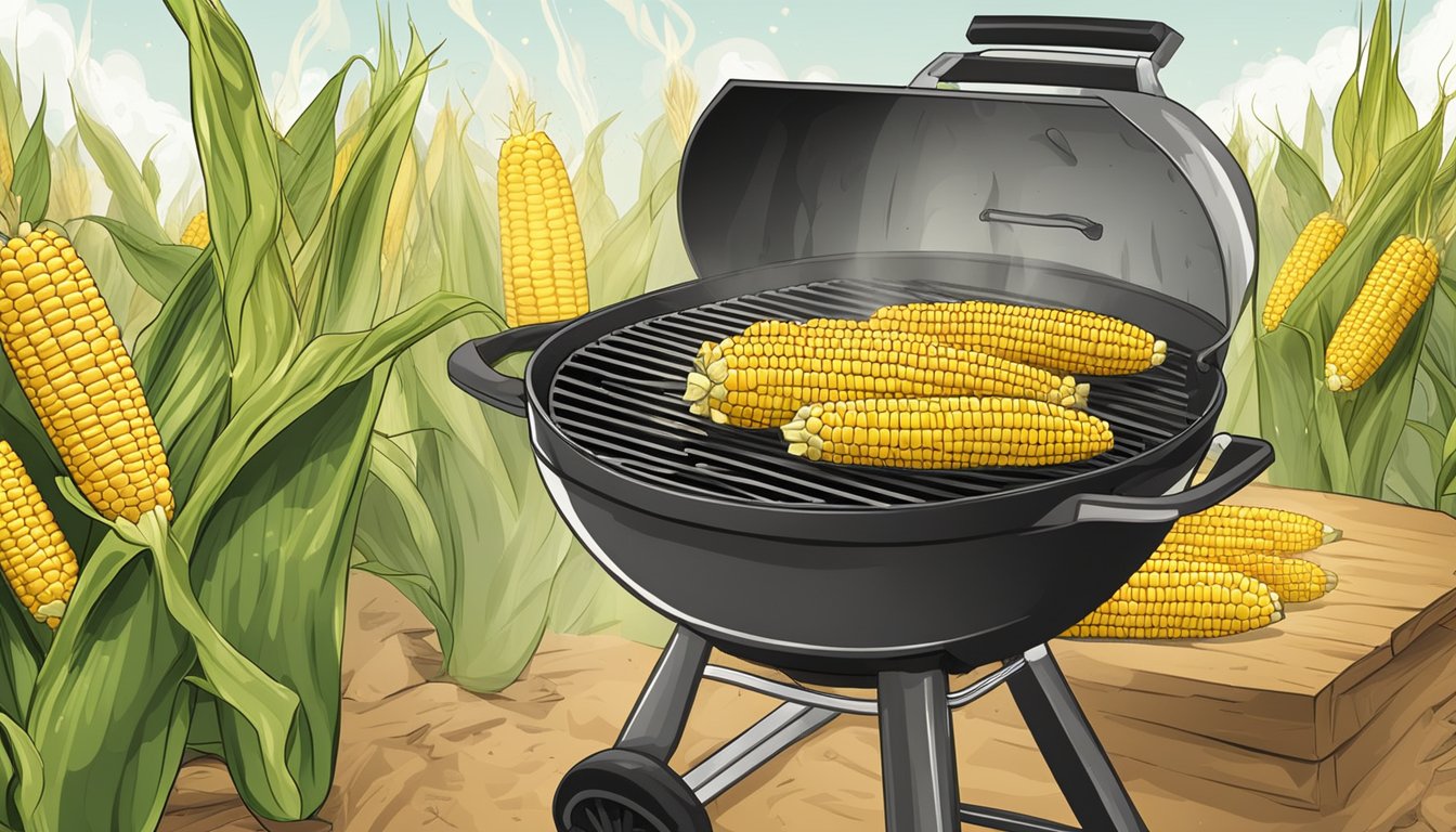 Fresh corn on the cob grilling on a pellet grill set at 225 degrees, with smoke billowing around the golden cobs