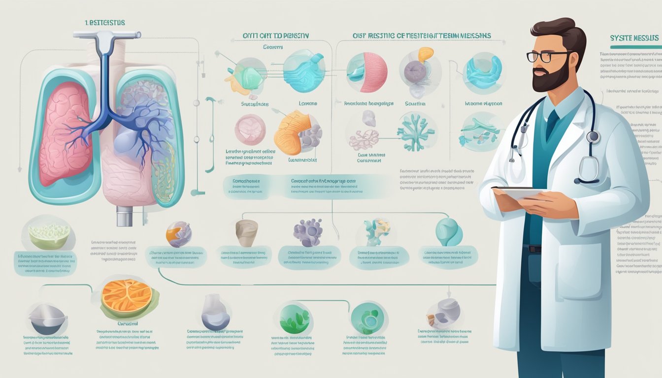 A doctor in a lab coat explains the concept of leaky gut syndrome using a diagram of the digestive system and a series of preventive measures and long-term care options