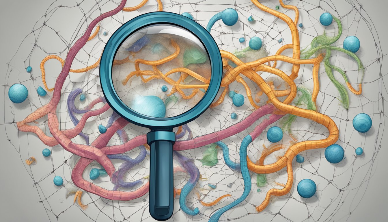 A magnifying glass hovers over a tangled web of intestines, with tiny cracks and leaks highlighted. Research articles and arrows point towards potential future solutions