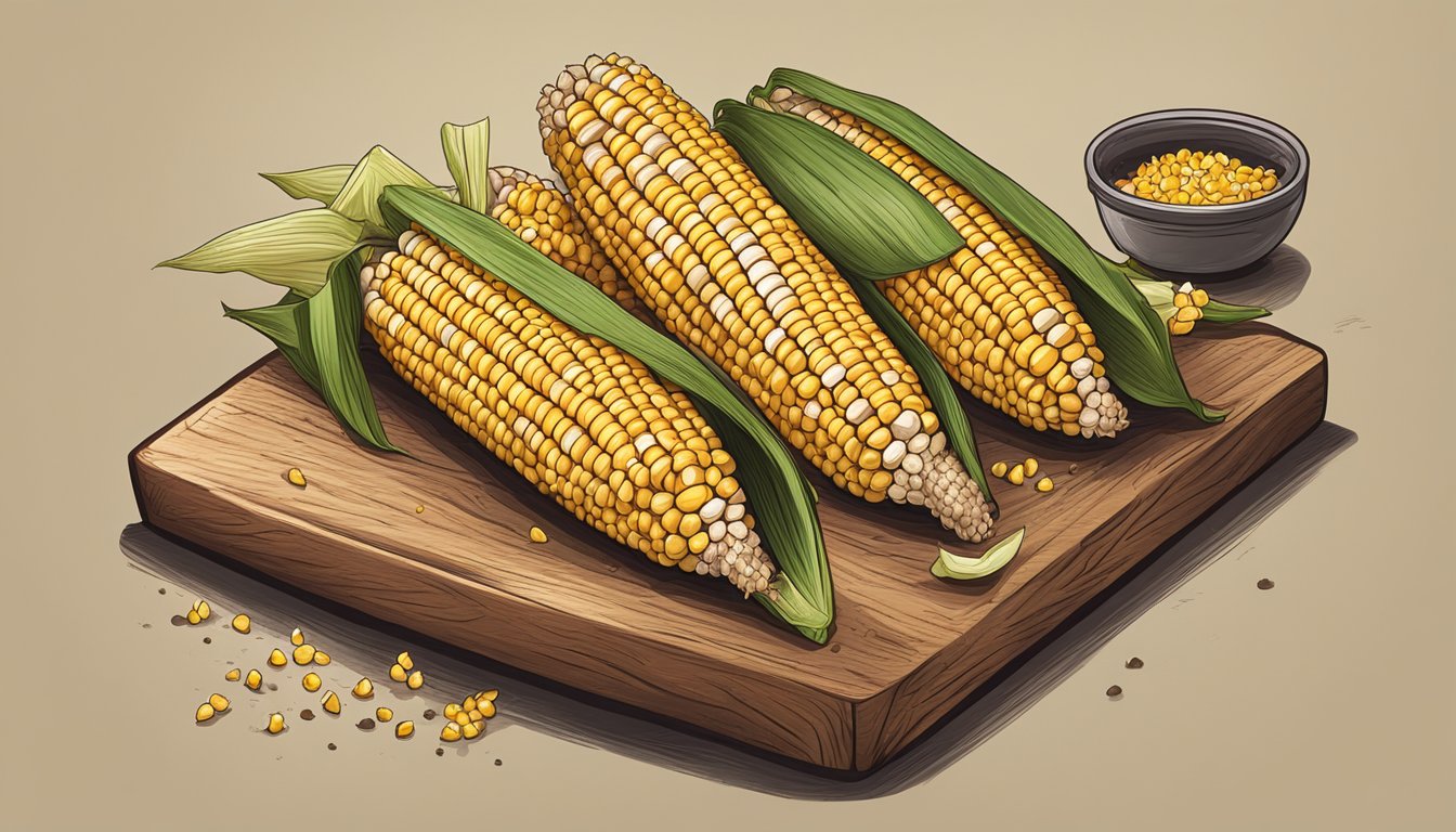 Freshly grilled corn on the cob on a rustic wooden platter, surrounded by charred husks and a sprinkle of seasoning